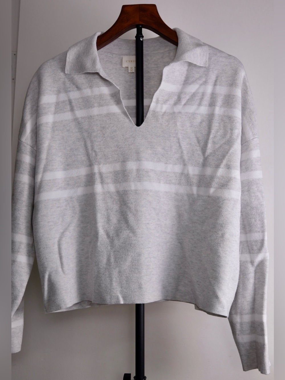 Cyrus Gray Stripe Collared Sweater Medium Soft Lightweight Coastal